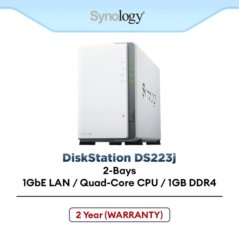 Synology DS223j NAS DiskStation 2-Bays NAS with Quad Core CPU, 1GB Memory